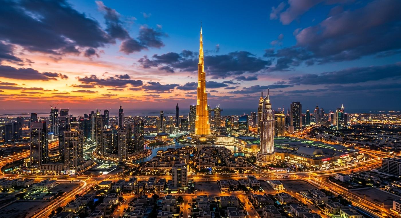Dubai skyline at dusk with the Burj Khalifa lit gold